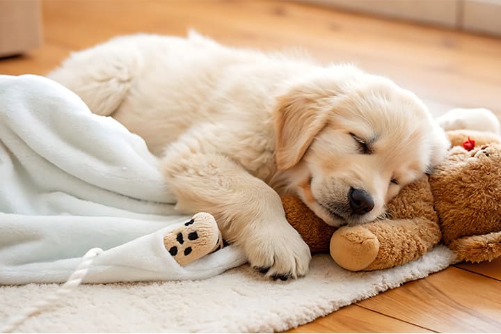 Puppy sleeping with blanket and teddy bear