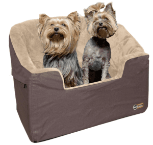 Two yorkshire terriers sit in a bucket booster dog car seat